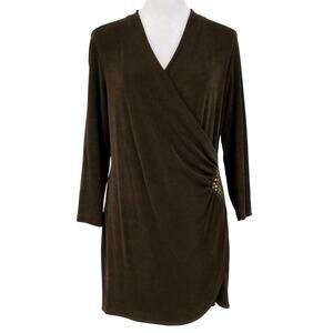 Chicos Travelers Top 1 Womens Medium 8 Brown Stretch Knit Blouse Faux Wrap Long